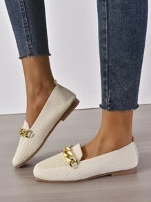 鏈條裝飾方頭平底樂福鞋 - 米色 - 查看 6