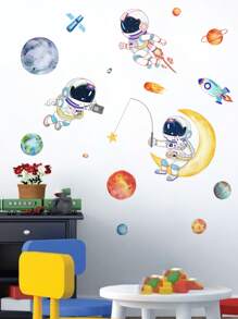1pc Astronaut & Rocket Pattern Wall Sticker E-I-D - Multicolor - View 6