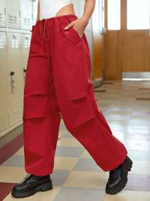 SHEIN EZwear Letter Graphic Drawstring Waist Wide Leg Pants - Burgundy - View 8