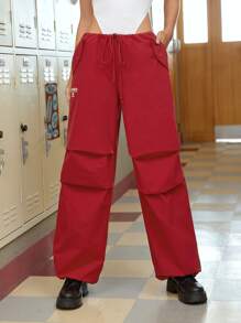 SHEIN EZwear Letter Graphic Drawstring Waist Wide Leg Pants - Burgundy - View 2