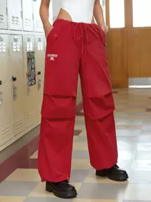 SHEIN EZwear Letter Graphic Drawstring Waist Wide Leg Pants - Burgundy - View 1