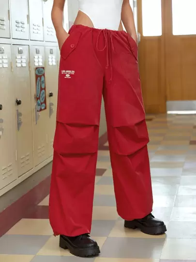 SHEIN EZwear Letter Graphic Drawstring Waist Wide Leg Pants