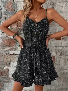 Breezaya Mono de tirantes de lunares bajo con fruncido con cinturón - Negro - Ver 6