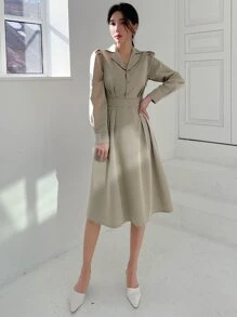 DAZY Đầm Uốn nếp Nút phía trước màu trơn Thanh lịch - Màu Khaki - Xem 3