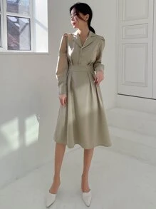 DAZY Đầm Uốn nếp Nút phía trước màu trơn Thanh lịch - Màu Khaki - Xem 4