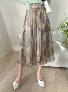 DAZY All Over Print Mesh Pleated Skirt - Multicolor - View 1