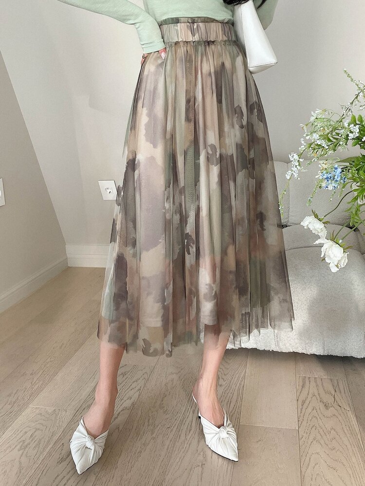 All Over Print Mesh Pleated Skirt Floral