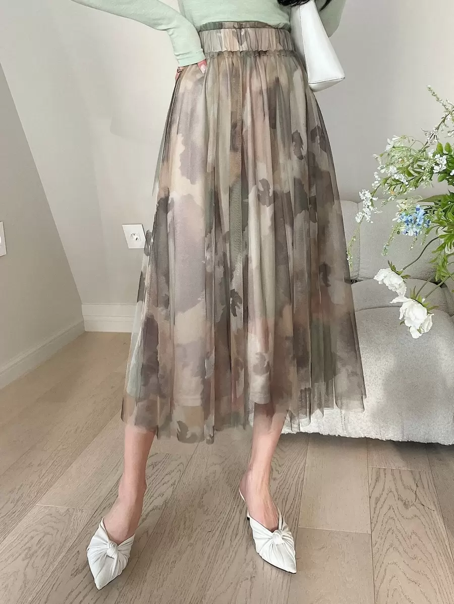 DAZY All Over Print Mesh Pleated Skirt - Multicolor - View 1