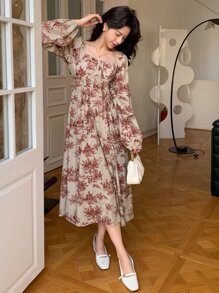 DAZY 印花方領燈籠袖連衣裙