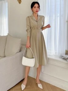 DAZY Đầm Uốn nếp Nút phía trước màu trơn Thanh lịch - Màu Khaki - Xem 7