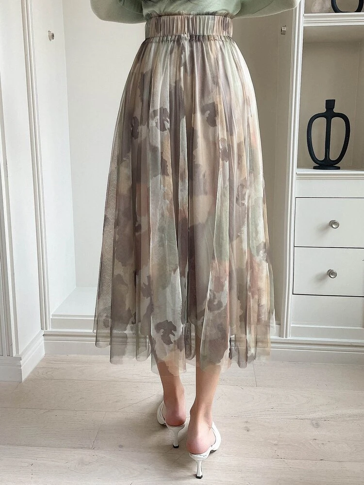 All Over Print Mesh Pleated Skirt Floral