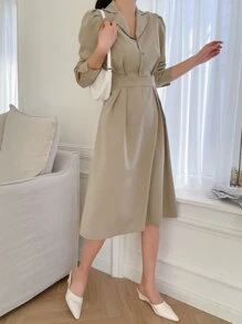 DAZY Đầm Uốn nếp Nút phía trước màu trơn Thanh lịch - Màu Khaki - Xem 8