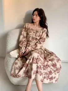 DAZY 印花方領燈籠袖連衣裙