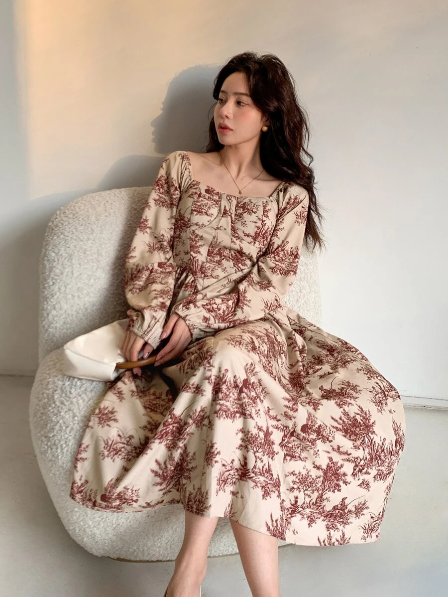 DAZY 印花方領燈籠袖連衣裙