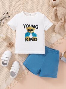 Baby Bear & Letter Graphic Tee & Shorts - Blue and White - View 1