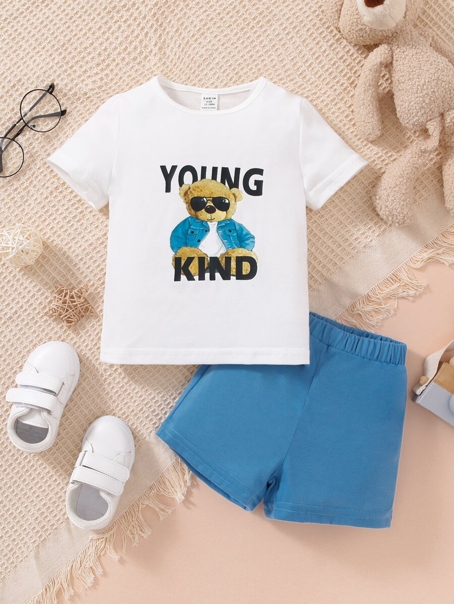 Baby Bear & Letter Graphic Tee & Shorts - Blue and White - View 1