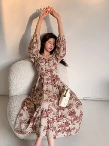 DAZY 印花方領燈籠袖連衣裙