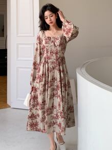 DAZY 印花方領燈籠袖連衣裙