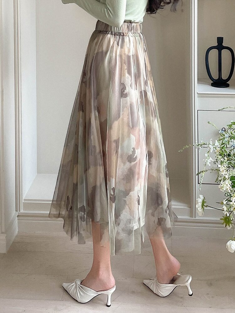 All Over Print Mesh Pleated Skirt Floral