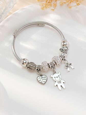 1 peça de pingente de urso de metal com letra de coração e strass e borboleta de coração, pulseira de aço inoxidável extensível, joias da moda adoráveis, para mulheres, presente de encontro, namorados, mãe, dia das mães, presente