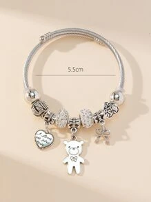 1 件字母心形金属和水钻和心形蝴蝶金属熊吊坠可拉伸不锈钢手链，可爱时尚珠宝，适合女性约会礼物情人节、妈妈、母亲、母亲节、礼物 - 彩色 - 查看 3