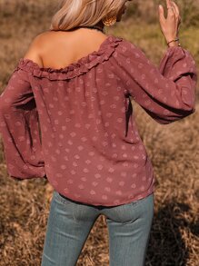 SHEIN VCAY Swiss Dot Asymmetrical Neck Lantern Sleeve Frill Trim Blouse - Dusty Pink - View 4