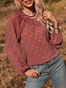 SHEIN VCAY Swiss Dot Asymmetrical Neck Lantern Sleeve Frill Trim Blouse - Dusty Pink - View 7