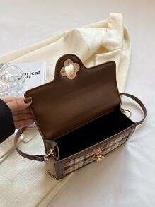 Bolsa cuadrada mini con patrón de cuadros con solapa - Marrón - Ver 5