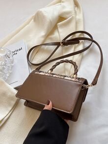 Bolsa cuadrada mini con patrón de cuadros con solapa - Marrón - Ver 7