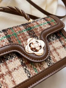 Bolsa cuadrada mini con patrón de cuadros con solapa - Marrón - Ver 8