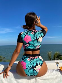 Floral Print High Waisted Bikini Set Summer Beach - Multicolor - View 2