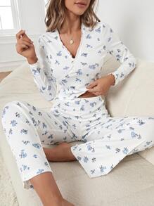 Floral Print Contrast Lace PJ Set