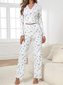 Floral Print Contrast Lace PJ Set