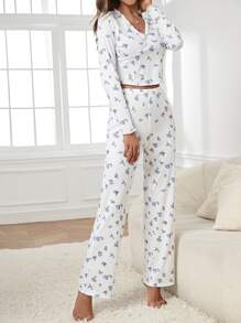 Floral Print Contrast Lace PJ Set