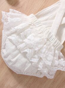 SHEIN 嬰兒水溶蕾絲拼接背帶褲和頭巾 - 白色 - 查看 6