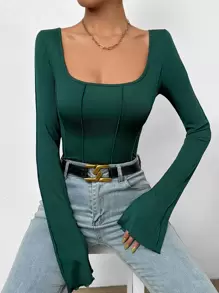SHEIN Privé Square Neck Tie Back Split Cuff Seam Detail Bodysuit - Dark Green - View 2