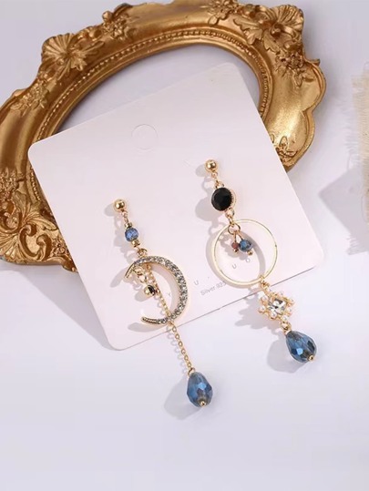 Rhinestone Moon & Circle Decor Mismatched Drop Earrings