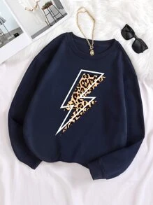 SHEIN EZwear Plus Leopard & Lightning Print Thermal Lined Sweatshirt - Navy Blue - View 1