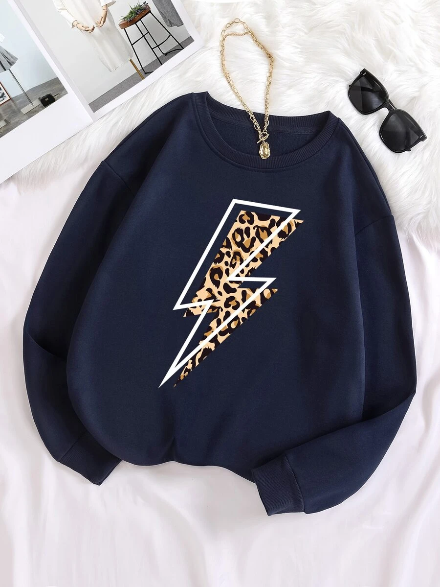 SHEIN EZwear Plus Leopard & Lightning Print Thermal Lined Sweatshirt - Navy Blue - View 1