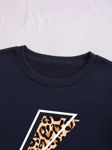 SHEIN EZwear Plus Leopard & Lightning Print Thermal Lined Sweatshirt - Navy Blue - View 3