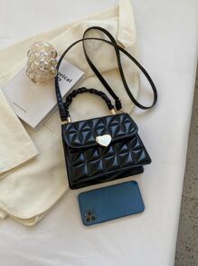 Fashionable Heart Shape Lock Handbag With Shoulder Strap - Black - View 5