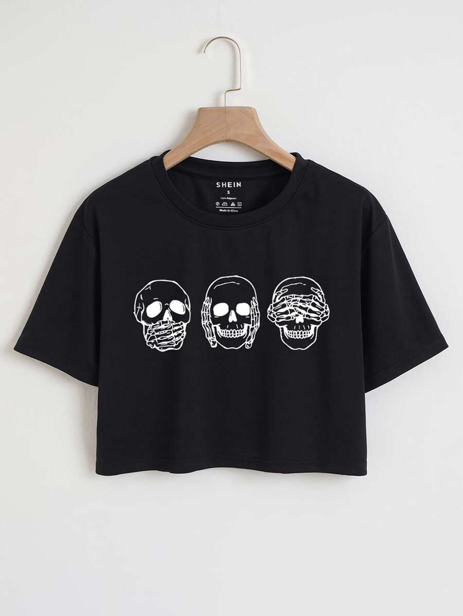 INAWLY Áo thun crop top in hình đầu lâu cho nữ - màu đen - Xem 1