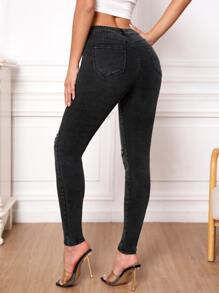 Jeans ajustados desgarro de talle alto - Gris Oscuro - Ver 4