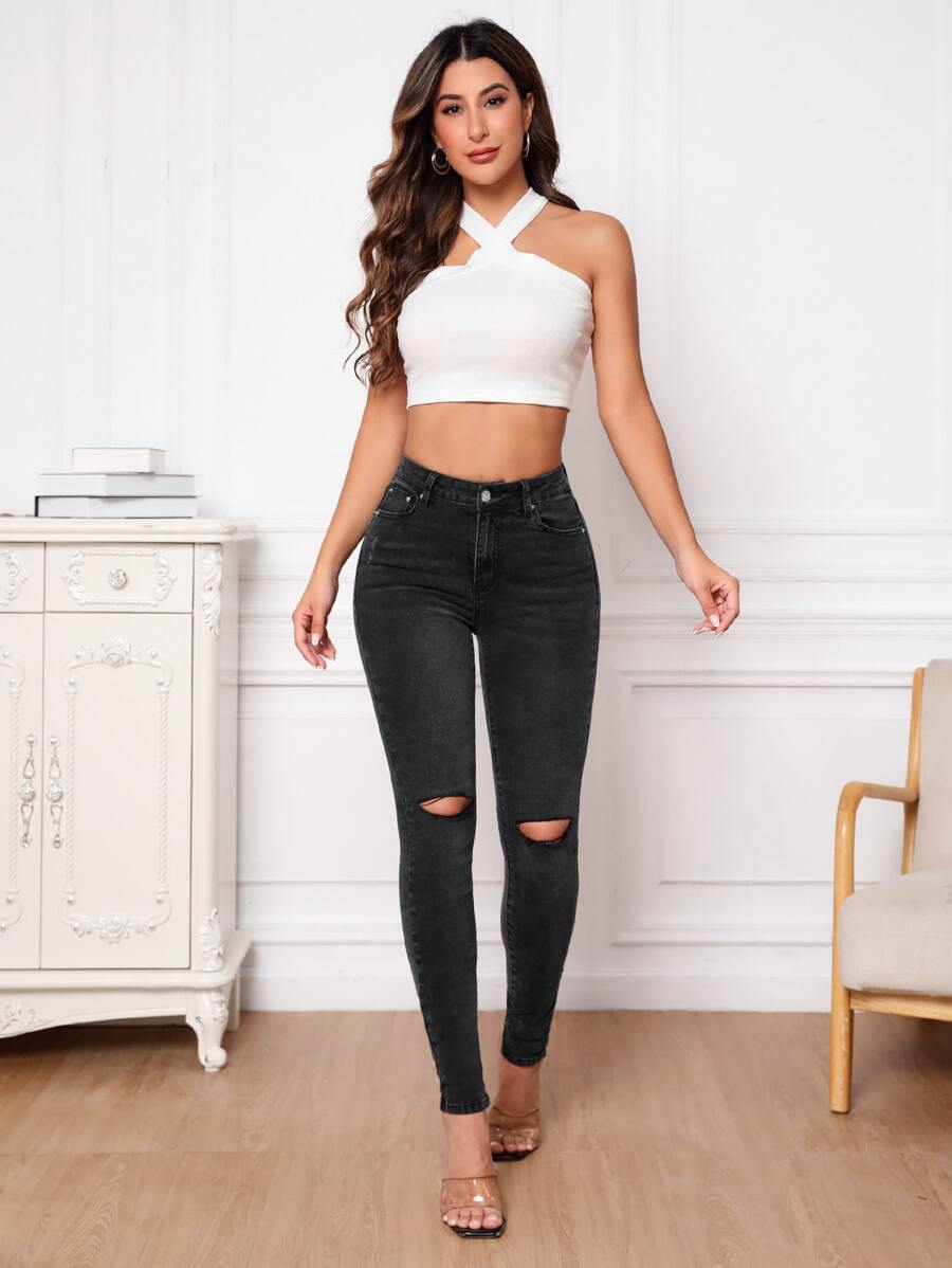 Jeans ajustados desgarro de talle alto - Gris Oscuro - Ver 1