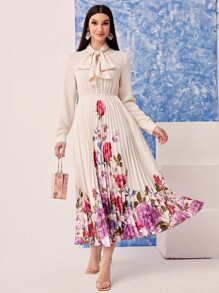 Modelyn Tie Neck Floral Print Pleated Hem Dress Long Evening Dresses - Multicolor - View 2