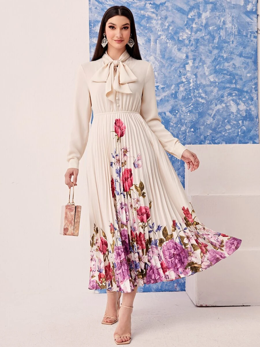 Modelyn Tie Neck Floral Print Pleated Hem Dress Long Evening Dresses