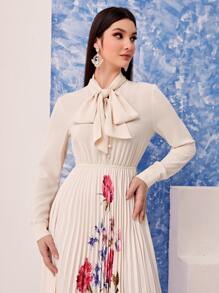 Modelyn Tie Neck Floral Print Pleated Hem Dress Long Evening Dresses - Multicolor - View 4