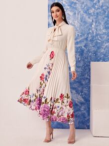 Modelyn Tie Neck Floral Print Pleated Hem Dress Long Evening Dresses - Multicolor - View 5