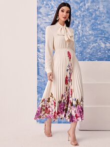 Modelyn Tie Neck Floral Print Pleated Hem Dress Long Evening Dresses - Multicolor - View 6