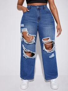 Plus Ripped Wide Leg Jeans - Blue - View 1